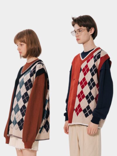 HeyHnery Japanese Loose Couples Stitching Sweater Vest Men's 2021 New Autumn Base Sweater Trendy