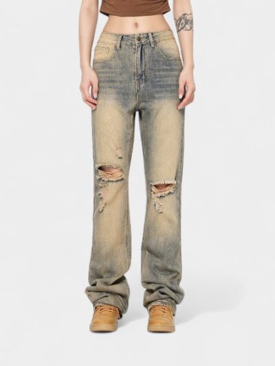 OREETA Spring and Autumn American Printing and Dyeing Straight Yellow Mud Jeans Men's Fashion Brand High Street Slim Ripped Jeans Women