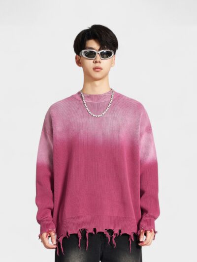 BE Men's Autumn and Winter American Retro Fashion Brand Washed Cut Round Neck Gradient Couple's Knitted Top Heavy Sweater for Men