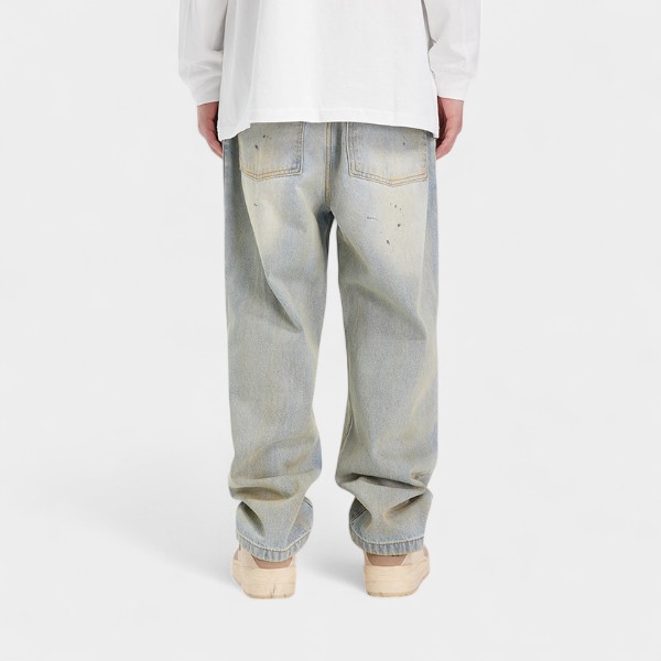 American High Street hand painted paint point washed light blue jeans men's straight loose wide leg harem trousers