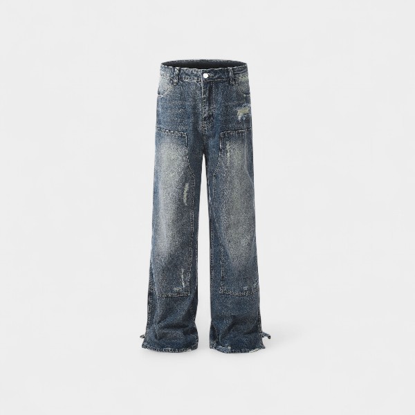 High Street Vintage Patchwork Washed Denim Jeans Straight Leg Torn American Style Youth Casual Cotton Blend Jeans