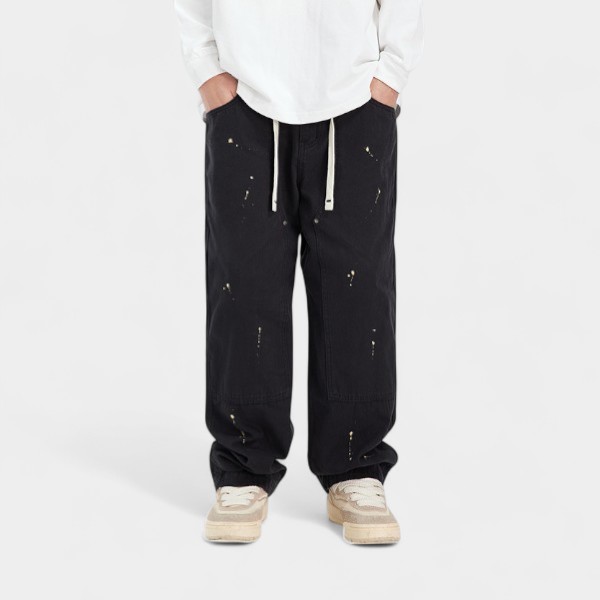 Japanese retro paint point wide leg overalls men's Spring and Autumn Street hip hop loose all-match straight casual trousers