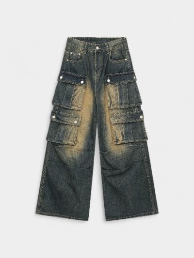 nirben Denim | American retro overalls men's jeans high street loose straight multi-pocket wide leg trousers