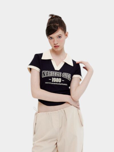 HeyHenry American summer 2023 letter embroidered short jacket female Polo collar thin short sleeved T-shirt