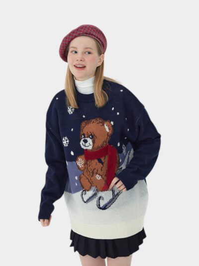 HeyHenry Christmas Sweater Bear Snowflake Cartoon Sweater Couple Autumn and Winter New Age-reducing Sweater for Men