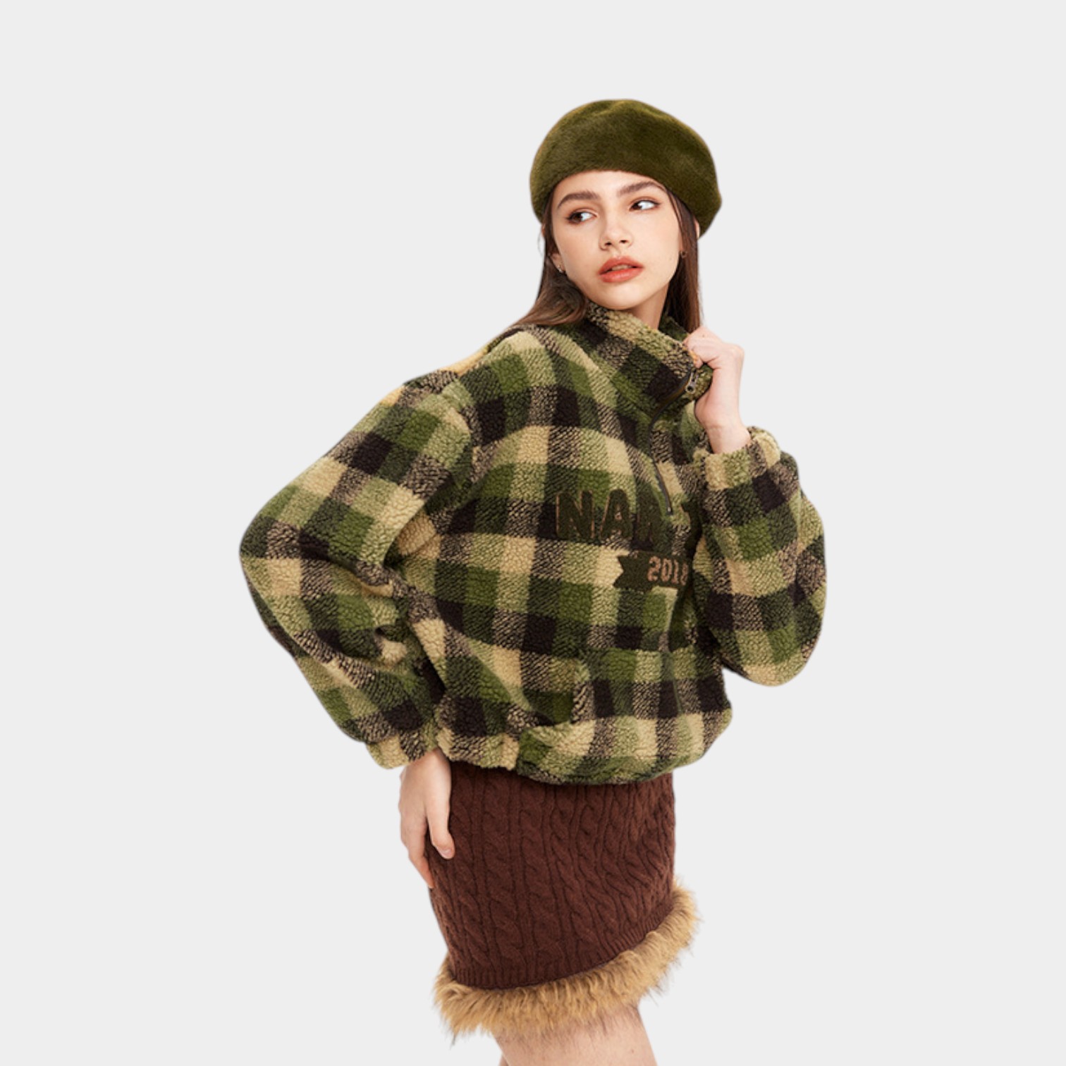 HeyHenry European and American retro style winter New half zipper top short letter embroidered plaid sweater coat