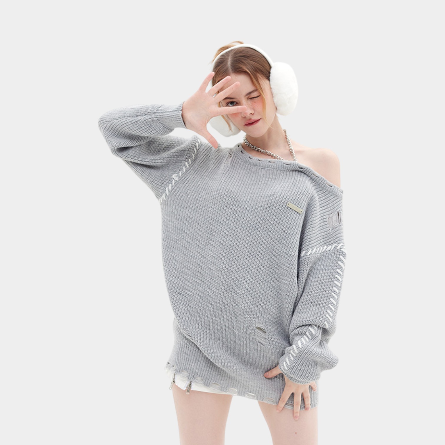 HeyHenry Off-shoulder Sexy Chain Shoulder Strap Ripped Pullover Long Sleeve Grey Knitted Sweater Women's Loose Casual