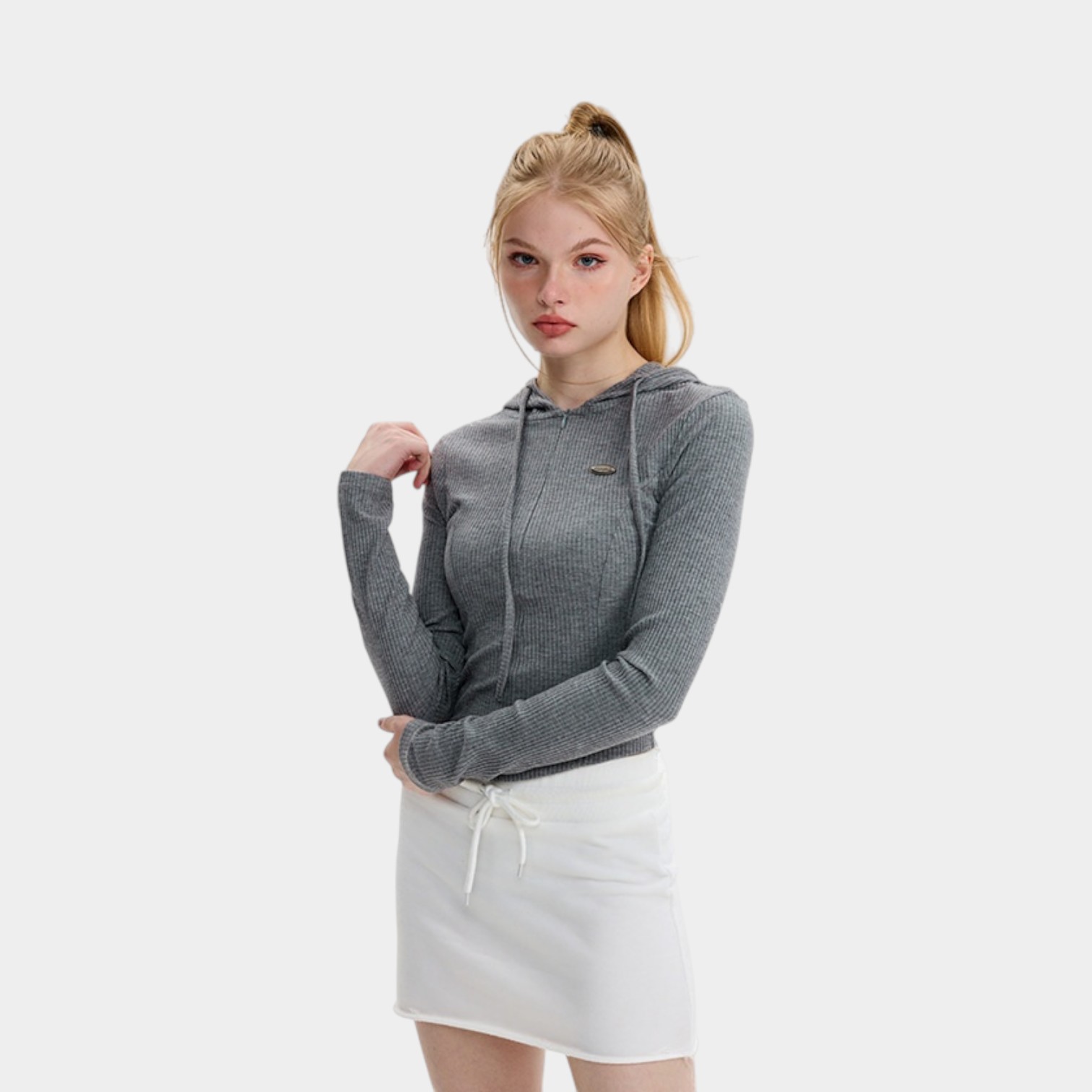 HeyHenry Hooded Tight Long-sleeved Ribbon Spring and Autumn Top Solid Color Women's American-style Base Short T-shirt