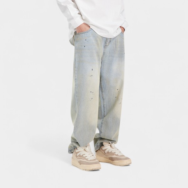 American High Street hand painted paint point washed light blue jeans men's straight loose wide leg harem trousers