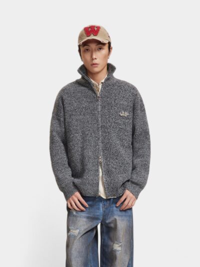 Autumn Lazy Style Retro Solid Color Double Zipper Vertical Collar Cardigan Sweater Men's Trendy All-match Sweater