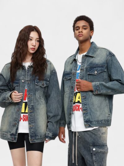 Unisex Text print Long sleeves Denim Jacket
