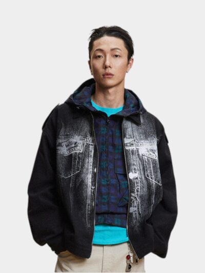 Street American Retro Hip Hop Washed Denim Jacket Spray Paint Graffiti Handsome All-Match Jacket