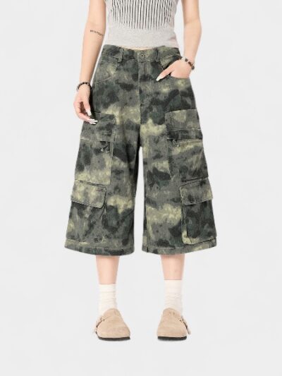 OREETA, American Retro Camouflage Capri Pants Men's and Women's Duffian Handsome Multi-Pocket Loose Wide Leg Workwear Shorts Cross Border