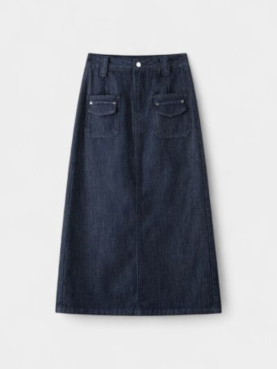 Summer Tencel Thin Back Slit Original Color Blue Anti-Fading Skirt 3D Flap Pocket Pants American Workwear Original Cow Color Long Skirt