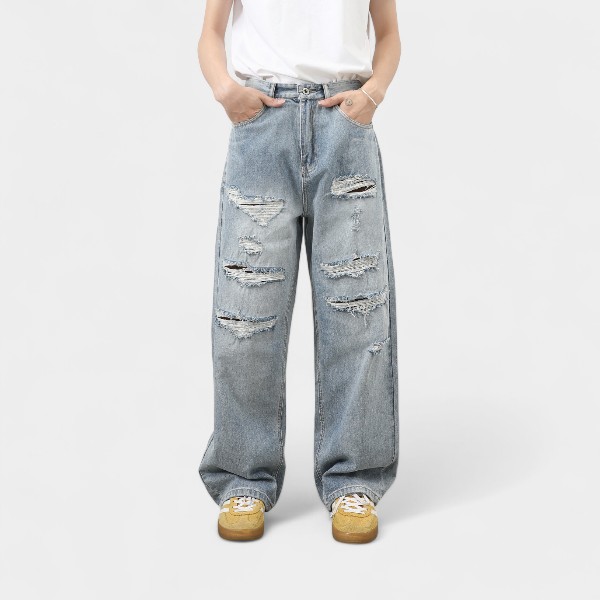 Nirben denim | American retro washed ripped jeans men's loose vintage high street trousers national trend pants