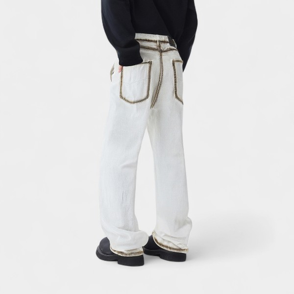 American trendy brand inkjet jeans for men, fashionable, high-end, niche design, washed retro straight-leg pants for men